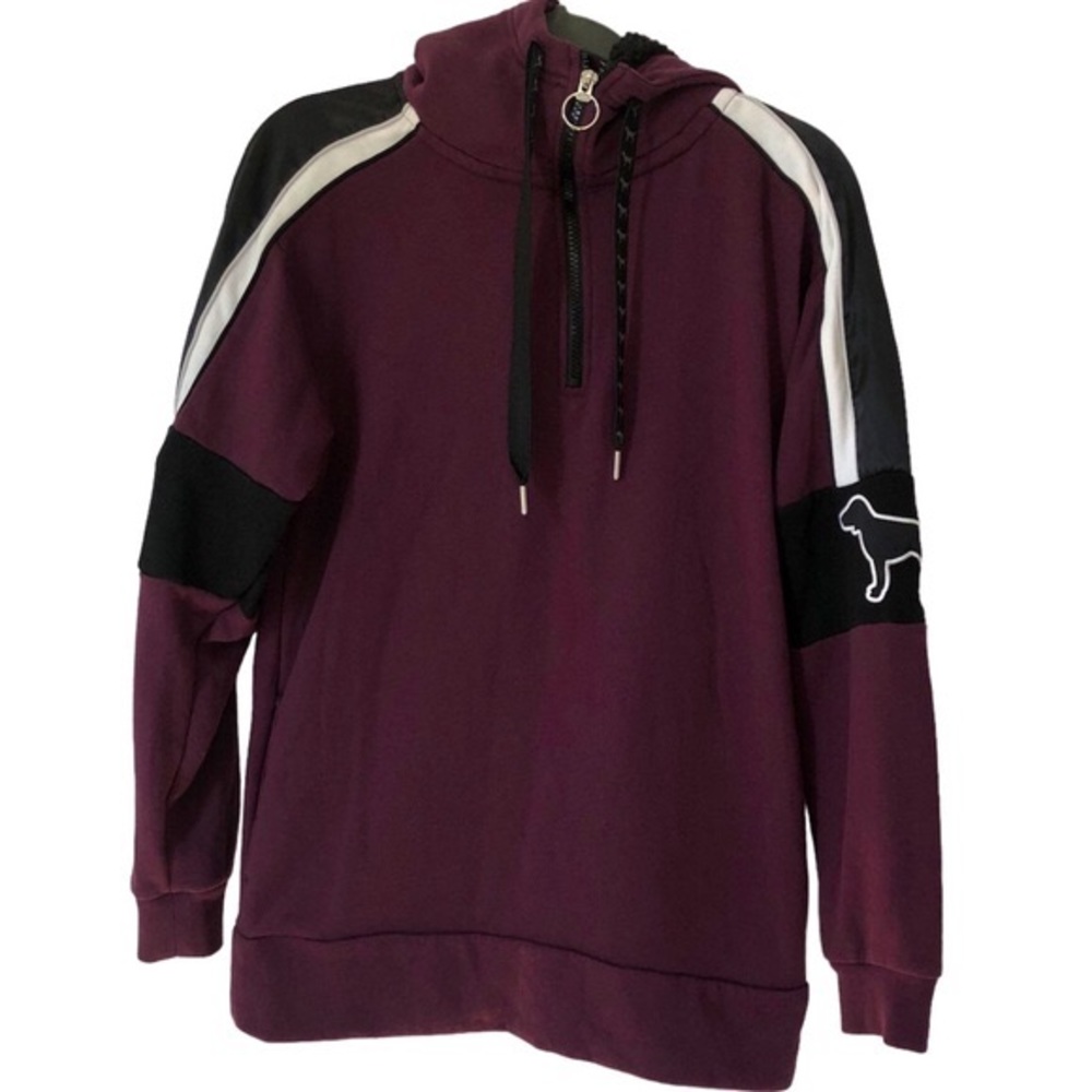 VS Pink Campus Quarter Zip With Sherpa Hood In Burgundy.Size: XS